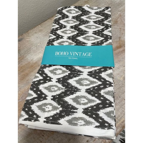 NWT Boho Vintage White Black Gray‎ Aztec Design Tea Towel 100% Cotton - Picture 1 of 4